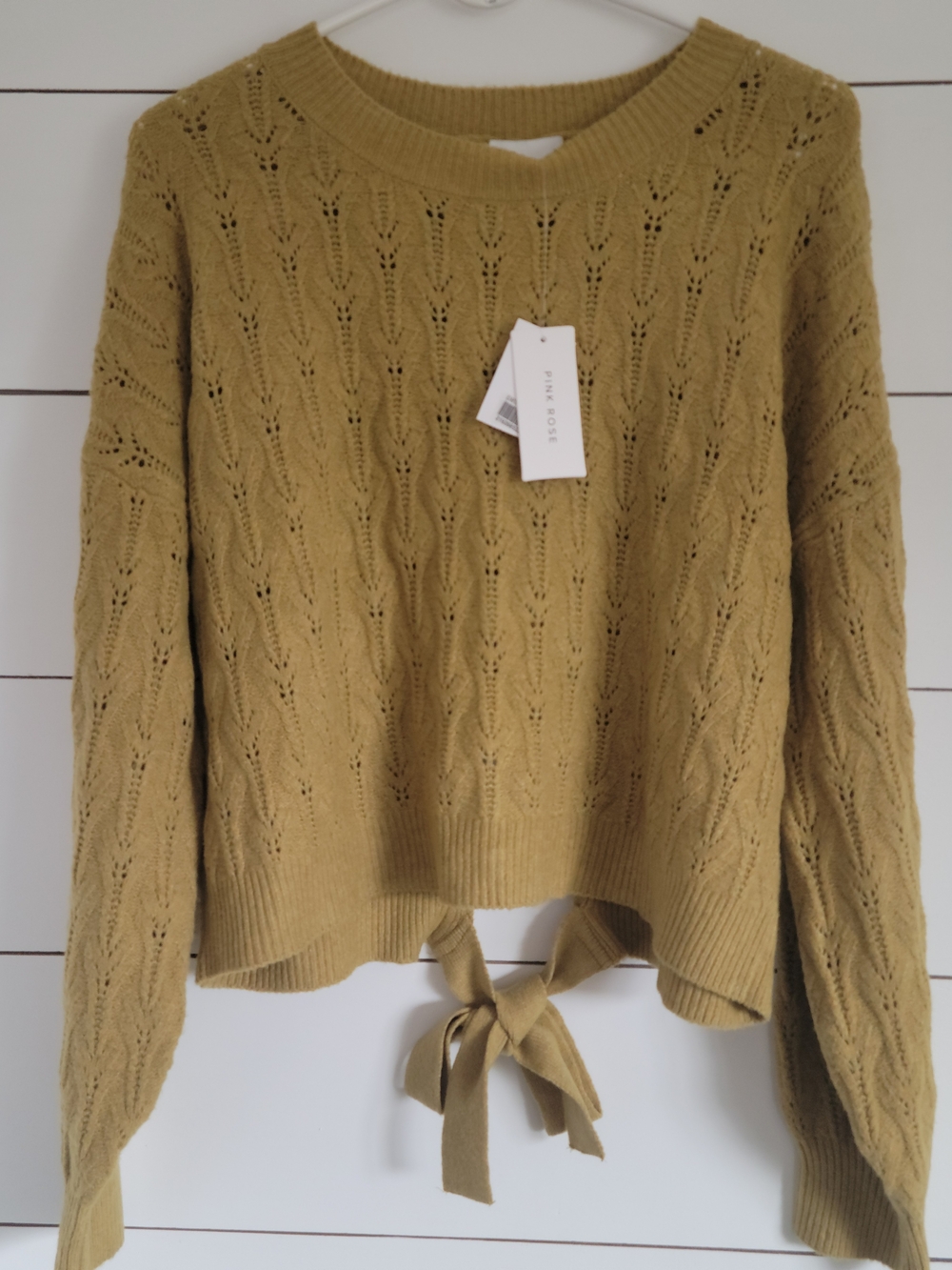 NWT Pink Rose Women's Open-Knit Bow-Back Sweater in Mustard XL